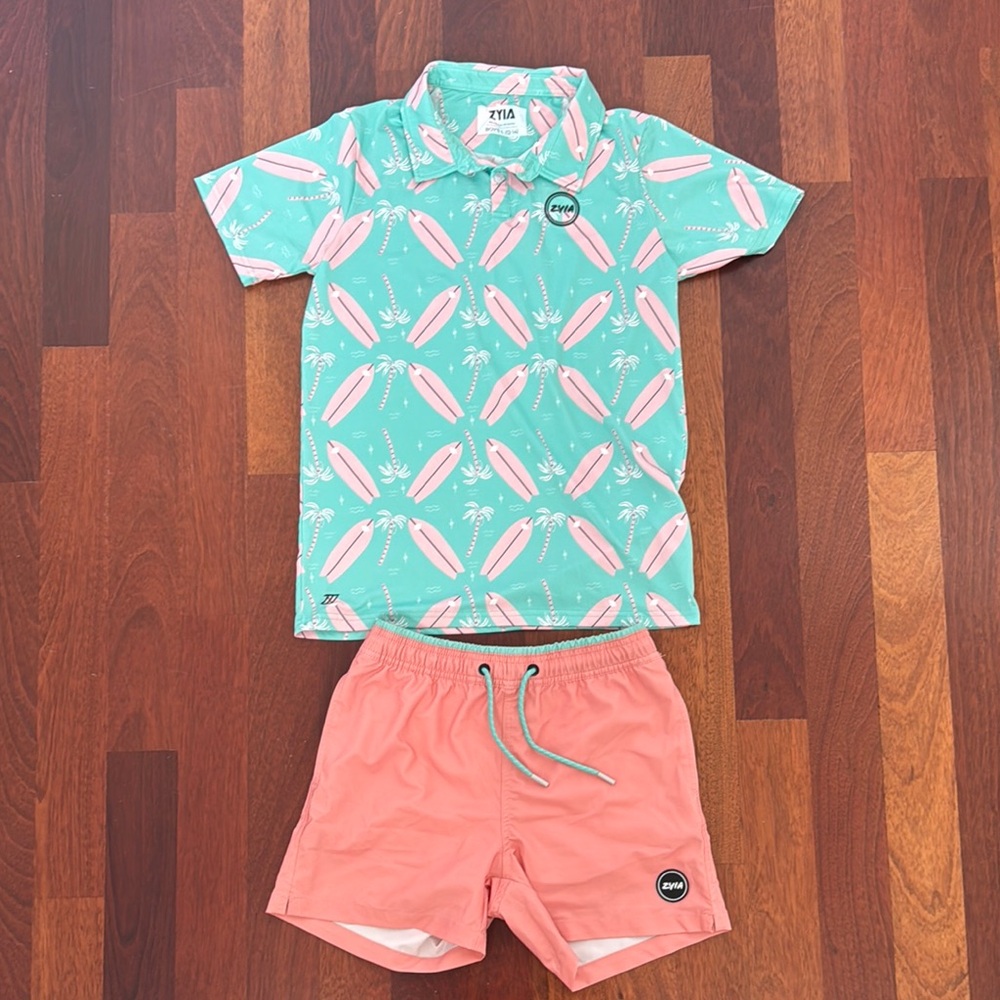 Zyia Boys Aqua Surfboard Polo and Peach Lined Shorts Set